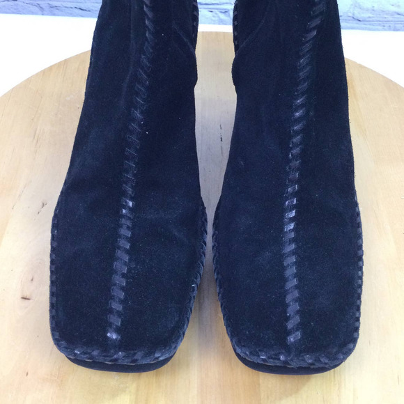 Linea Paolo Women's Suede Square Toe Chunky Heel Black Mid-Calf Pull On Boot 7 - Picture 4 of 16